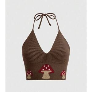 Brown Vintage Y2K Halter Top Mushroom Size L B288 Fairy